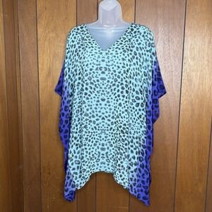 Chico's Poncho Top Women S/M Blue Purple Leopard Boho Fairy Whimsigoth Sheer